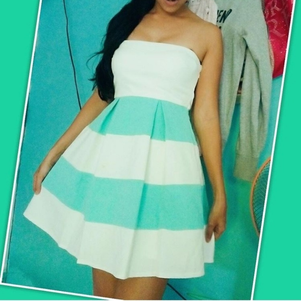 Green and white strapless dress
